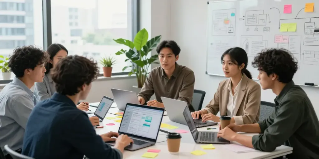 Find freelancers online collaborating in a modern office environment with laptops and project plans.