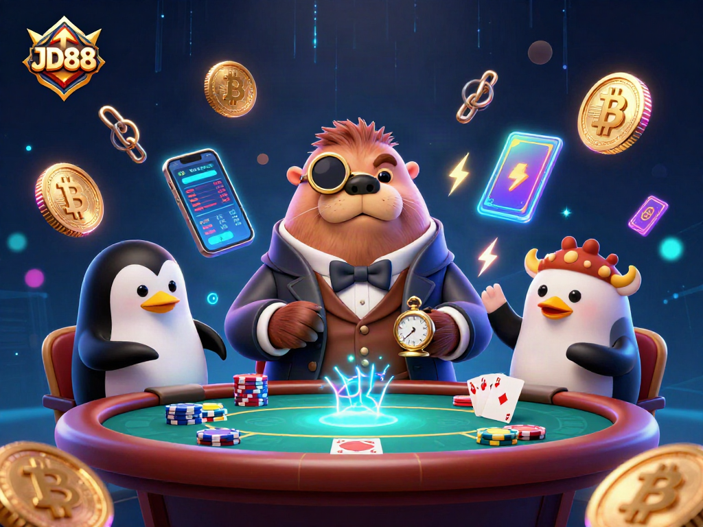 JD88 poker scene with a jolly walrus, penguin dealer, and bluffing pufferfish amid glowing crypto coins.