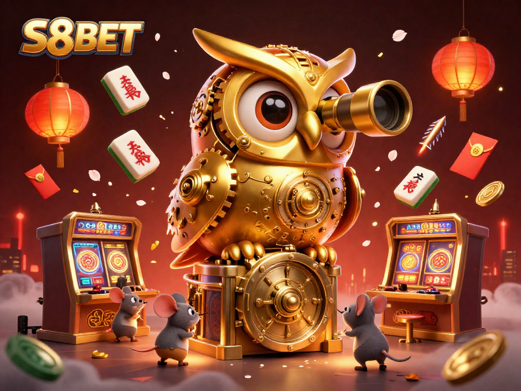 S8BET promotes immersive casino gaming with a lively golden owl and mouse patrons in action.