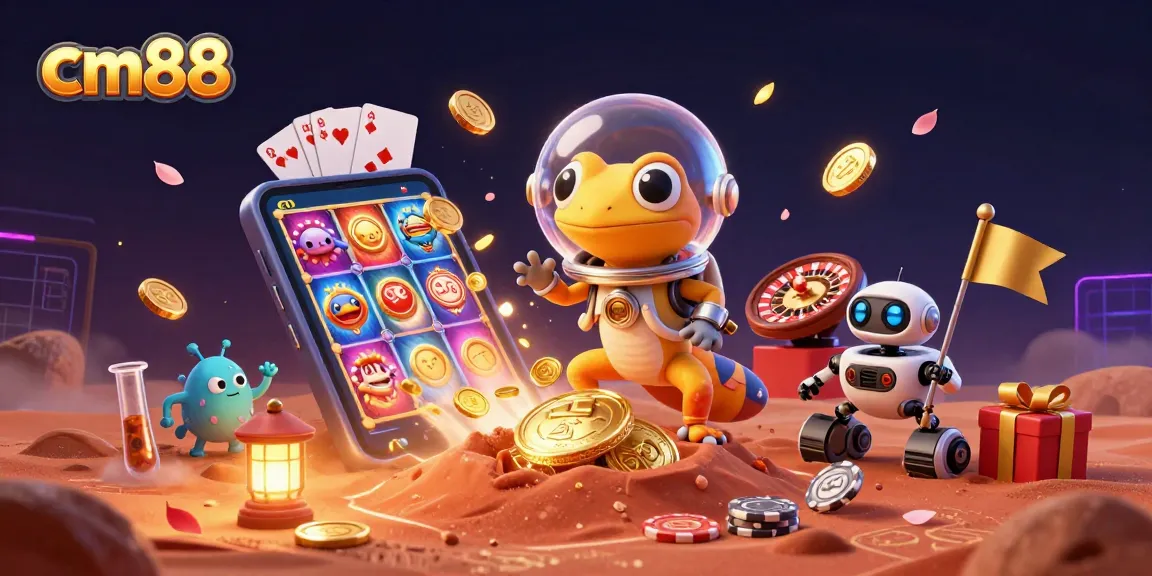 Engaging scene of the 3D gecko character interacting with the cm88 casino setup showcasing vibrant slot games.