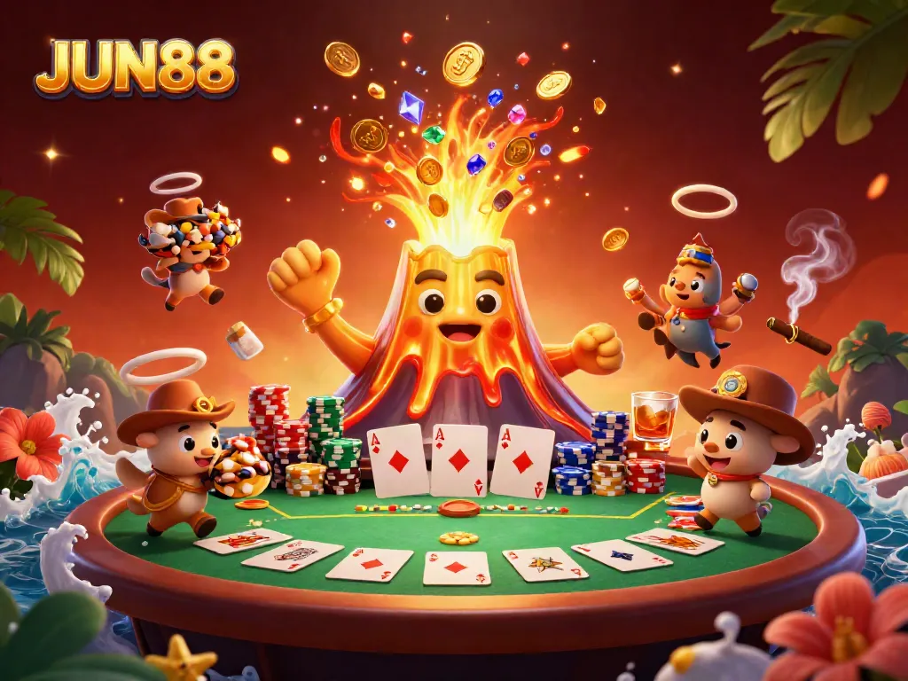 Experience thrilling wins at JUN88, with a triumphant volcano showering coins amidst poker excitement and adventure.