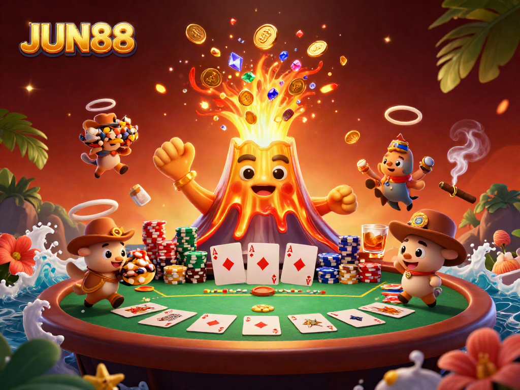 Experience thrilling wins at JUN88, with a triumphant volcano showering coins amidst poker excitement and adventure.
