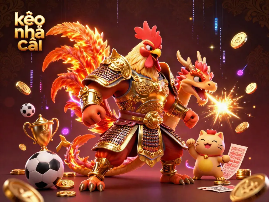 Engage with the exciting world of kèo nhà cái, featuring a dynamic rooster warrior, dragon, and fortune cat in a vibrant gambling atmosphere.