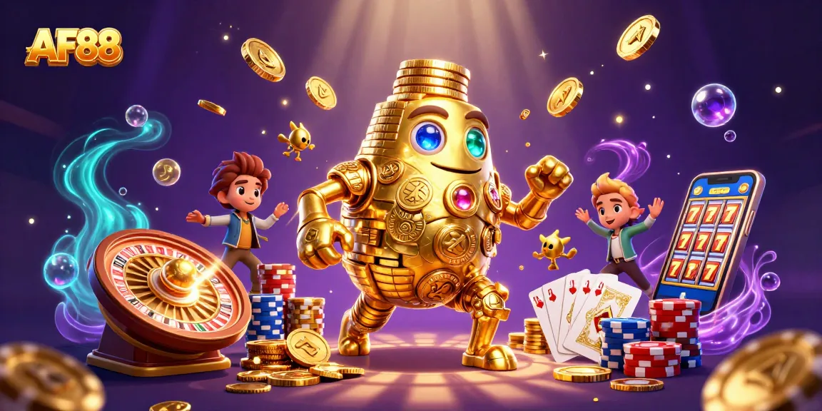 AF88's dynamic casino scene showcases a golden golem and exciting gambling elements.