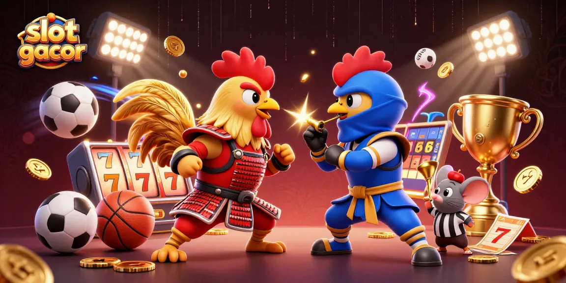 Engaging scene of slot gacor with fighting roosters and vibrant casino elements.