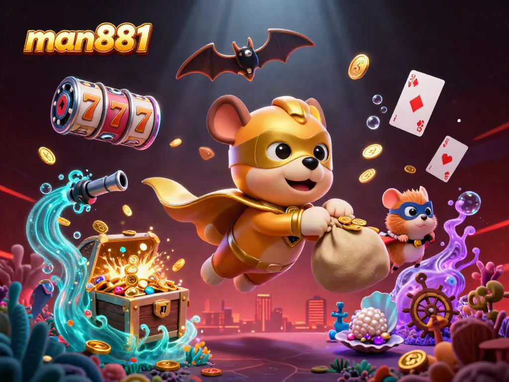 Experience excitement with man881 as a superhero dog flies through a vibrant casino scene filled with gold and gaming elements.