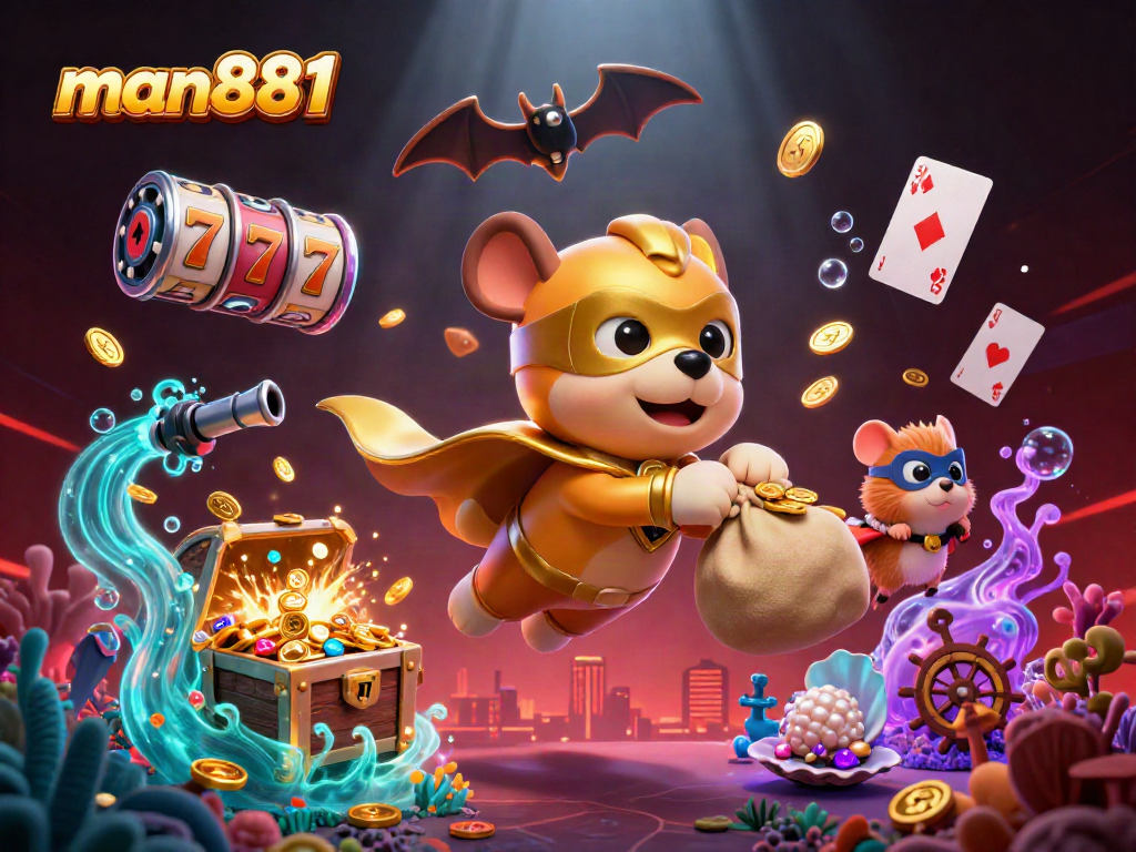 Experience excitement with man881 as a superhero dog flies through a vibrant casino scene filled with gold and gaming elements.