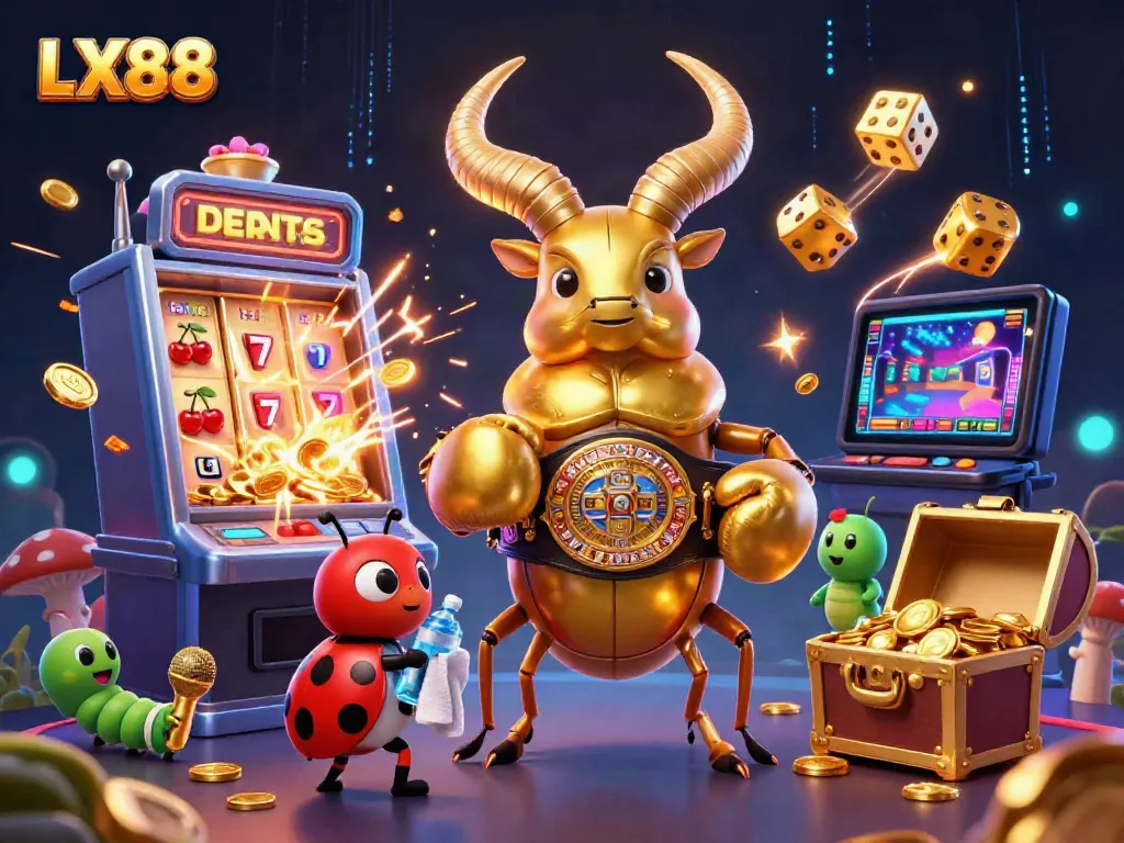 LX88 entertaining scene with a golden stag beetle boxing champion, ladybug corner-man, and a caterpillar announcer amidst vibrant casino elements.