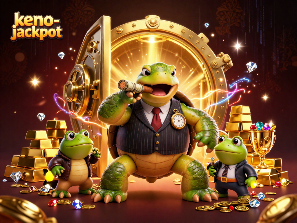 Win big with keno-jackpot in a lively scene featuring a turtle and bullfrogs amidst treasure.