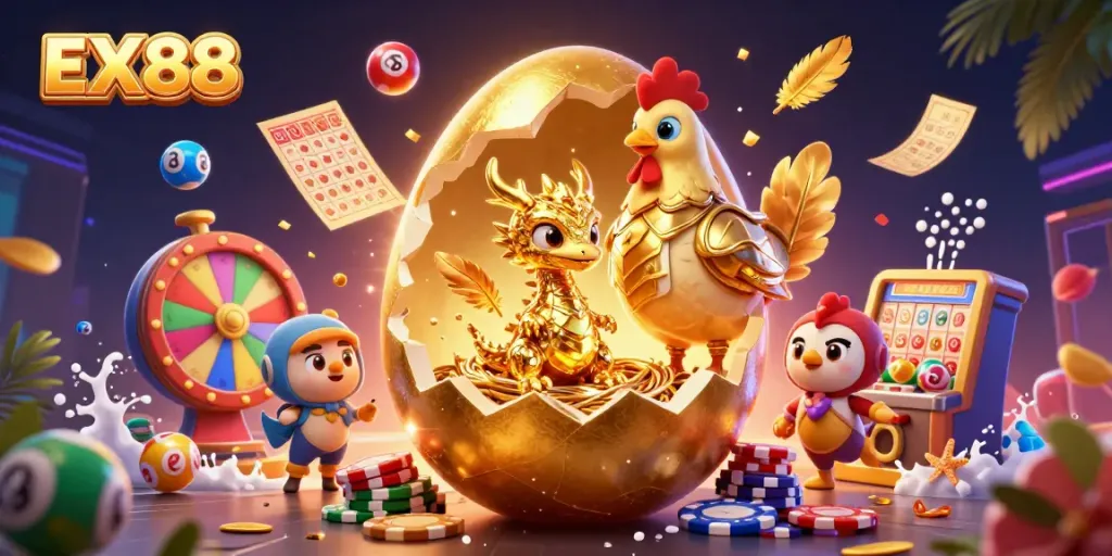 Engage with EX88's vibrant treasure-filled casino scene featuring a golden dragon and exciting game elements.