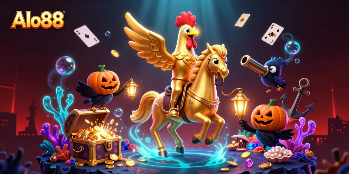 Alo88 captures the thrilling casino experience with a whimsical golden rooster and enchanted elements.