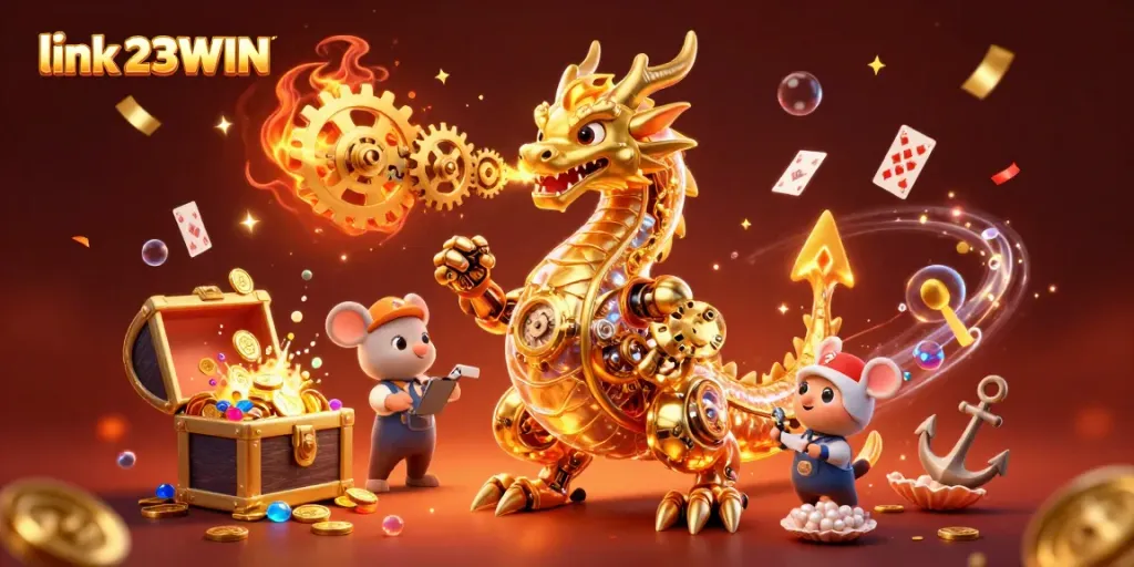 Experience the excitement of link 23WIN with a mechanical dragon and gold treasures in this vibrant casino-themed scene.