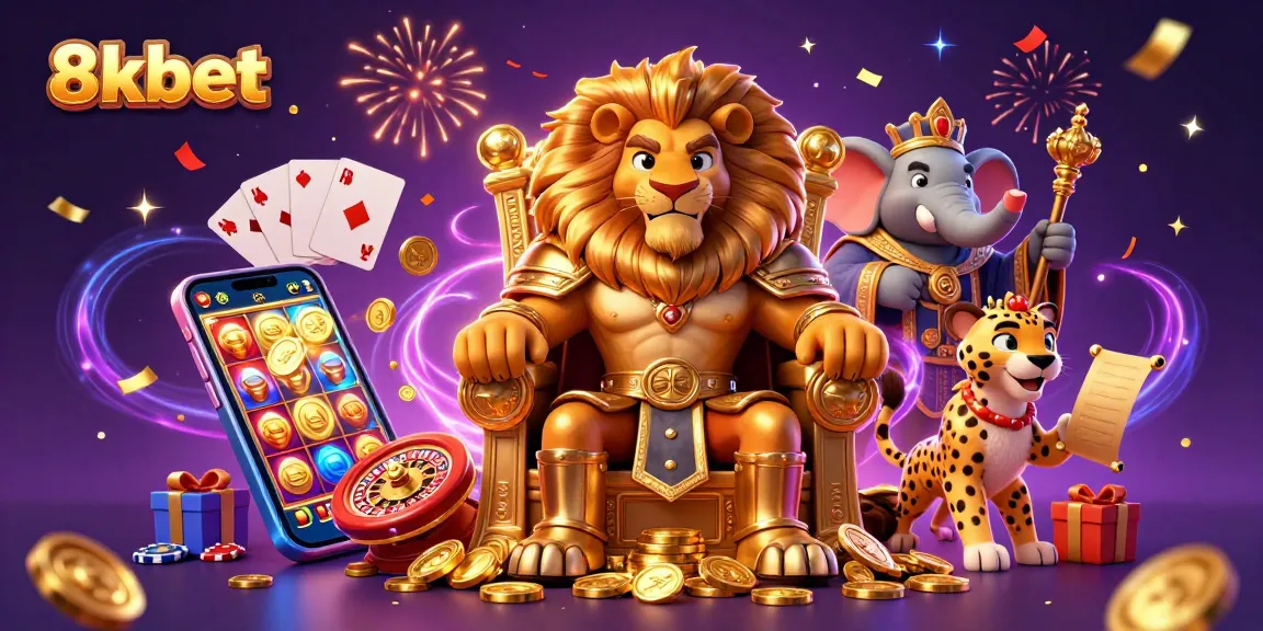 Experience the thrill of 8xbet with a dynamic scene featuring a lion king, elephant advisor, and cheetah messenger amidst vibrant casino elements.