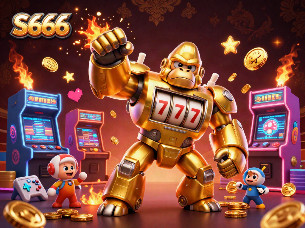 S666 gaming illustration with a golden gorilla mech and explosive coins showcasing online casino excitement
