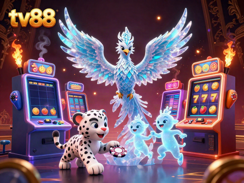 Engage with the thrilling world of tv88 gaming featuring a vibrant illustration of an ice phoenix, snow leopard, and interactive slots.