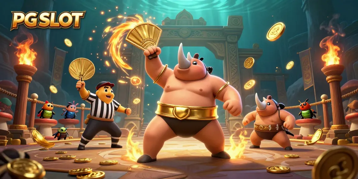 PG SLOT ภาพการต่อสู้ของแชมป์ซูโม่แมลงงวงในสนาม โดยมีเหรียญทองโปรยปรายอย่างสวยงาม