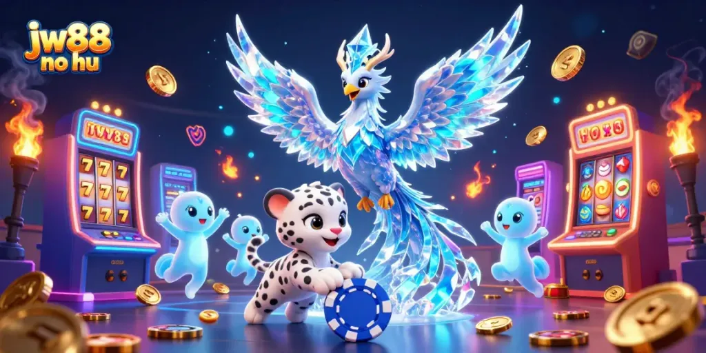 Experience the excitement of jw88 no hu with vibrant slot machines and a 3D cartoon phoenix in action.
