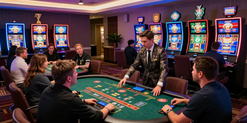 Exciting scene showcasing players in usa online casinos real money engaging at digital tables with vibrant slot machines and a live dealer.