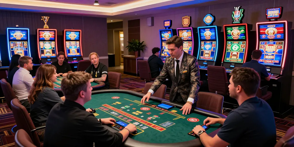 Exciting scene showcasing players in usa online casinos real money engaging at digital tables with vibrant slot machines and a live dealer.