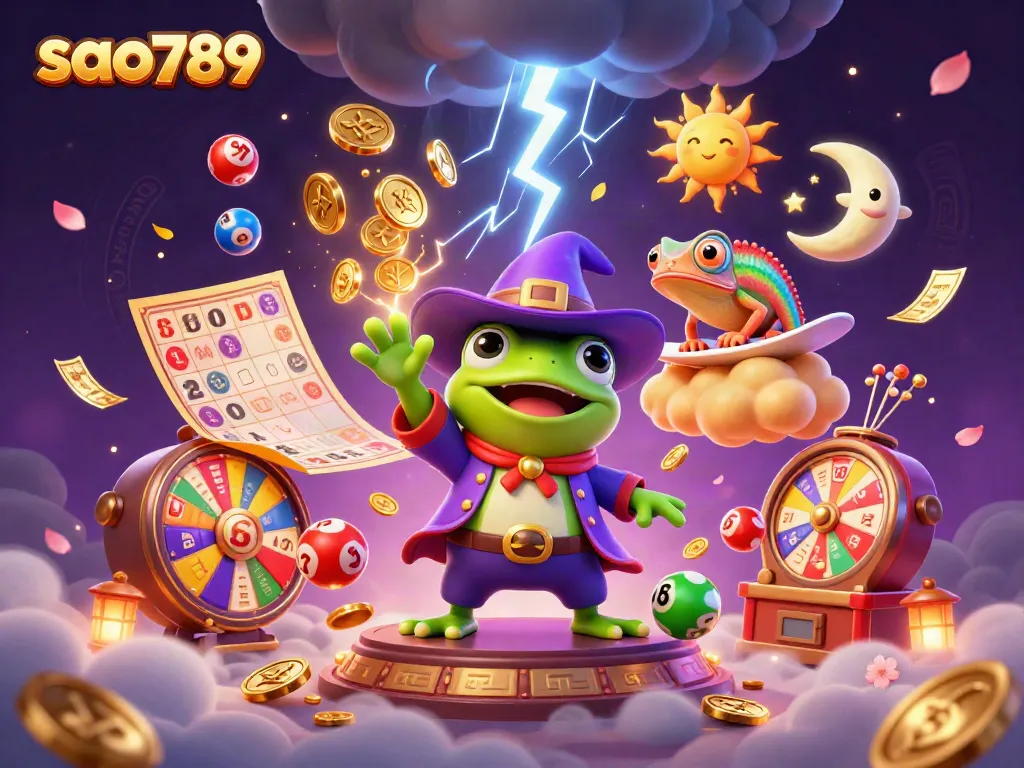Experience thrilling gameplay with sao789 as the weather wizard frog creates a golden coin storm.