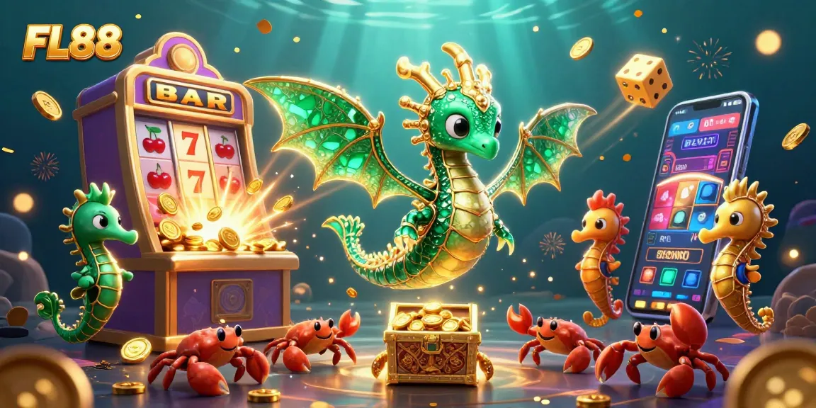 Spin the reels at FL88 with vibrant slot games featuring emerald dragon treasures and dynamic casino elements.