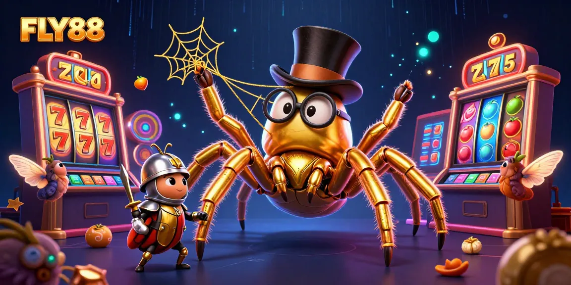 FLY88 showcases an exciting scene with a golden tarantula weaving a golden web in a casino.