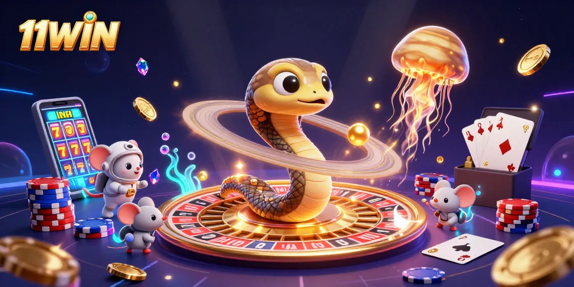 Engage with 11WIN as astronaut mice bet in a cosmic casino scene with vibrant visuals.
