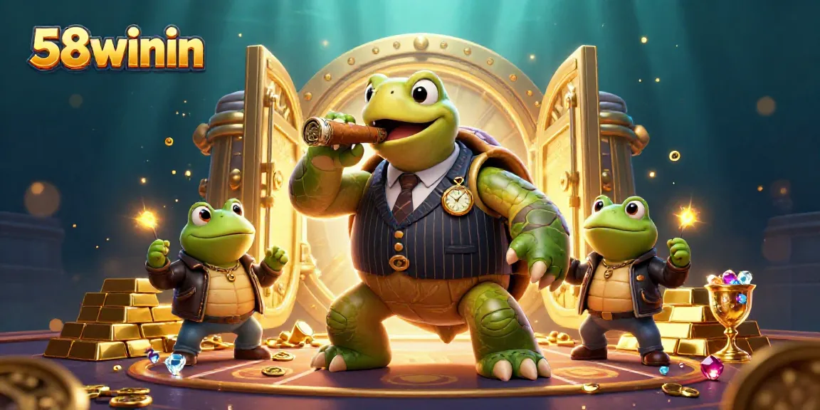 Experience thrilling wins at 58winin with a captivating 3D casino scene featuring a mobster turtle and his frog enforcers.