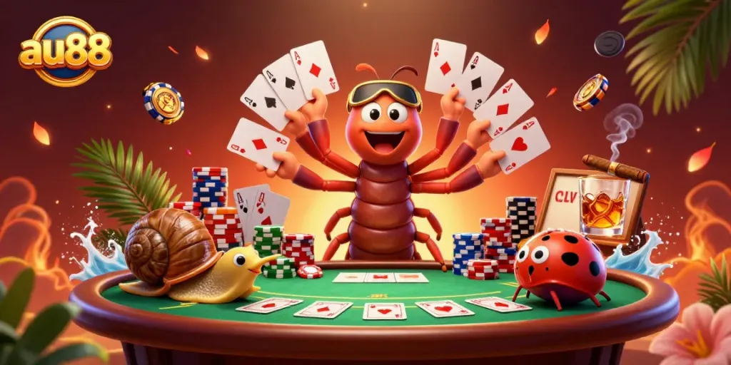 Engaging 3D illustration showcasing au88 with a vibrant casino scene featuring a dealer and high-rollers.