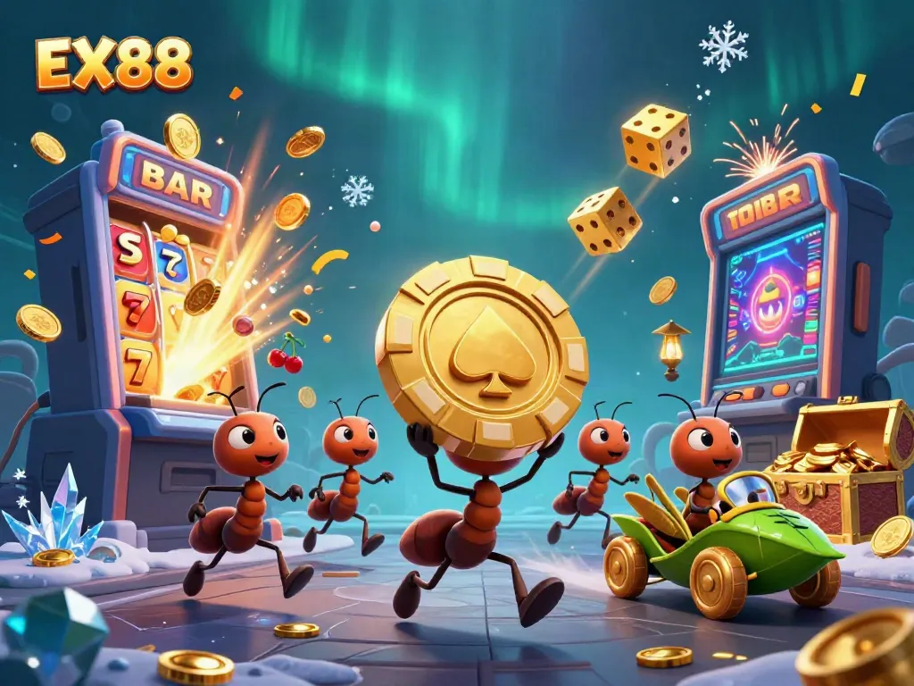 Ants carry a gigantic poker chip in a vibrant casino heist scene with EX88 branding.