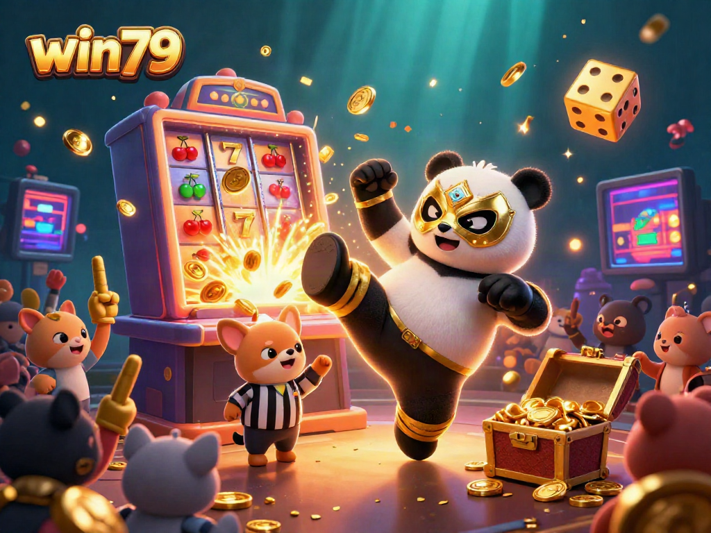 Experience thrilling jackpot action at win79 with cartoon panda wrestlers, golden coins, and celebratory crowd.