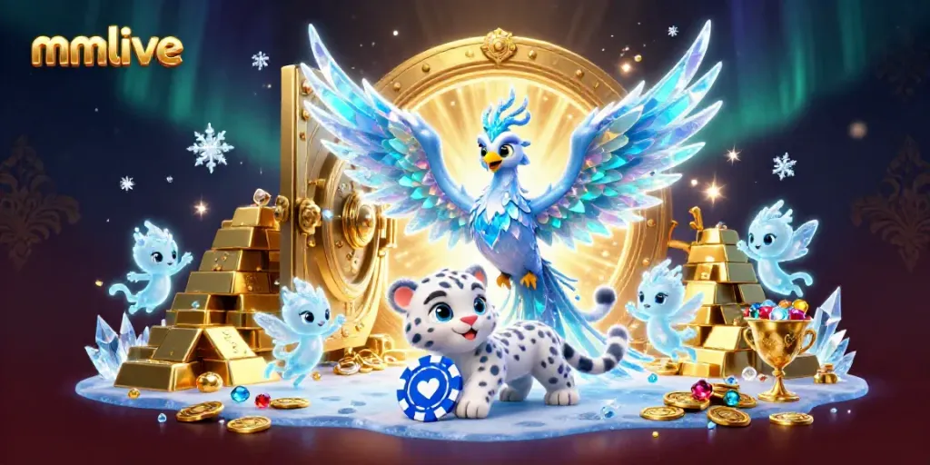 Experience the thrilling mmlive action with an ice phoenix and gems in a vibrant, festive casino scene.