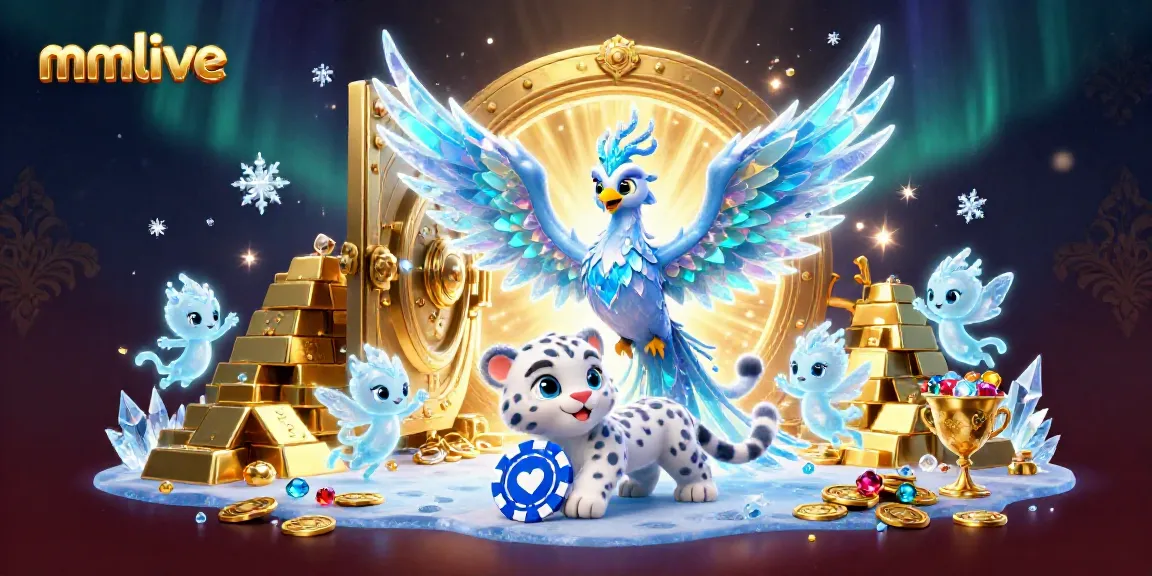 Experience the thrilling mmlive action with an ice phoenix and gems in a vibrant, festive casino scene.