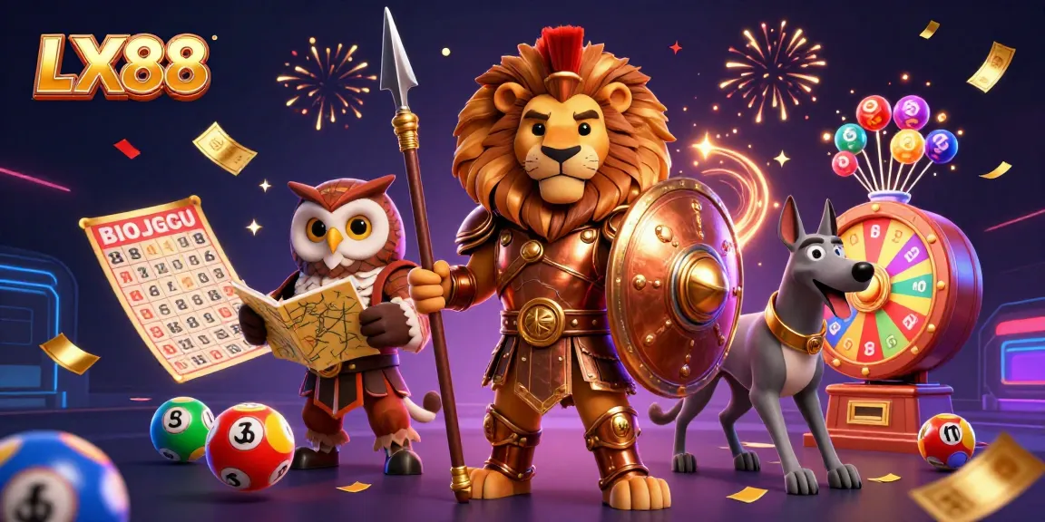 Engage with LX88 through thrilling lottery elements in a vibrant 3D casino scene.