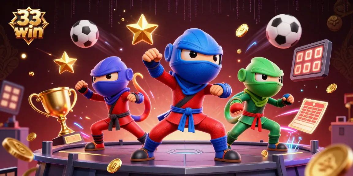 Experience the thrilling action of 33 win as colorful chameleon ninjas battle with sports elements in an exciting casino setting.