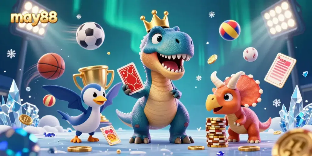 Engage with may88 through a vibrant scene featuring a T-Rex playing cards with thrilling sports elements.