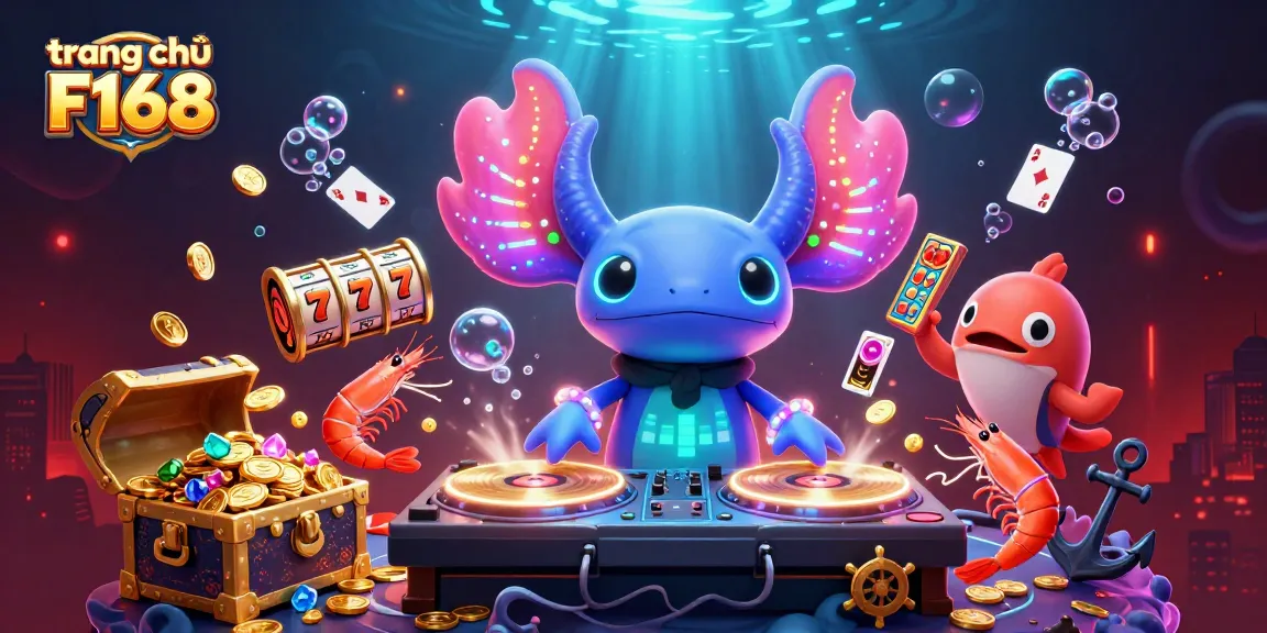 Engage with the vibrant scene on trang chủ F168 featuring a neon axolotl DJ and casino elements.