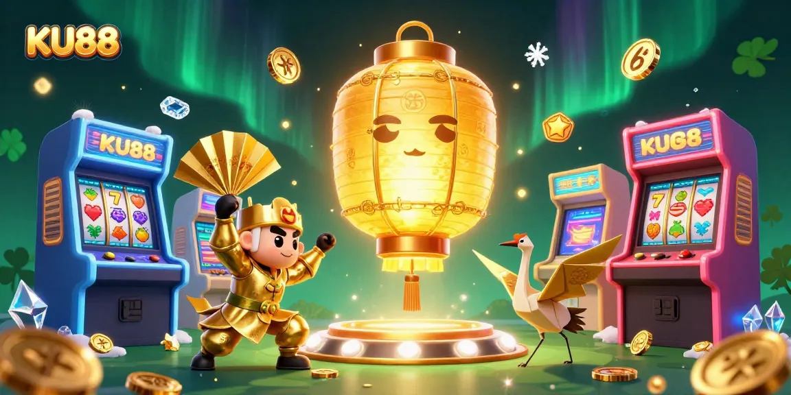 Participate in exciting games at KU88 with a vibrant casino scene featuring lucky symbols and golden lanterns.