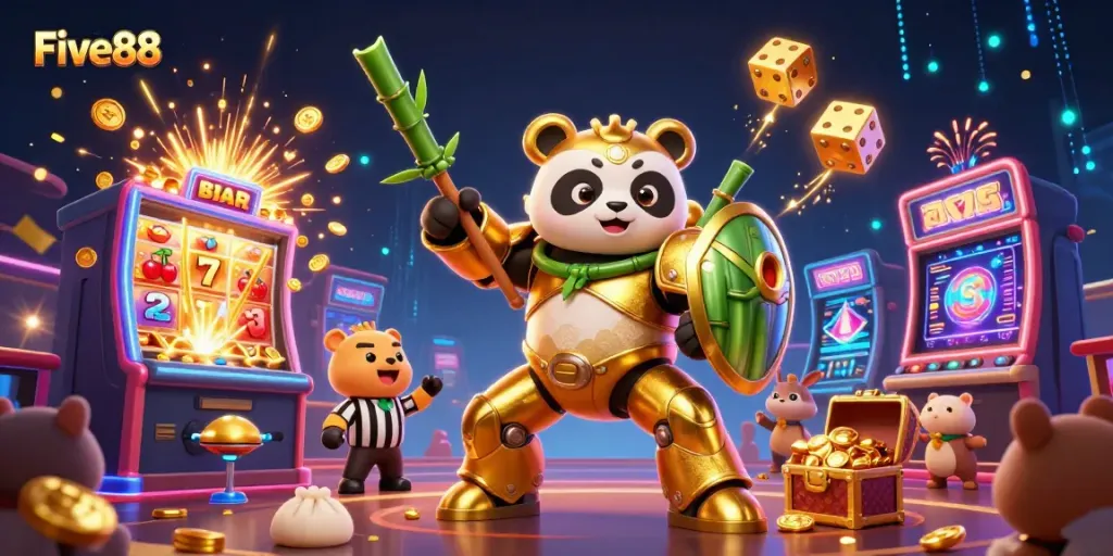 Experience the excitement of Five88 with a golden panda in a mech-suit surrounded by vibrant casino elements.