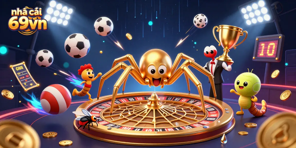 Engage with nhà cái 69vn's thrilling betting scene, where a golden spider spins a roulette web amid sports excitement.