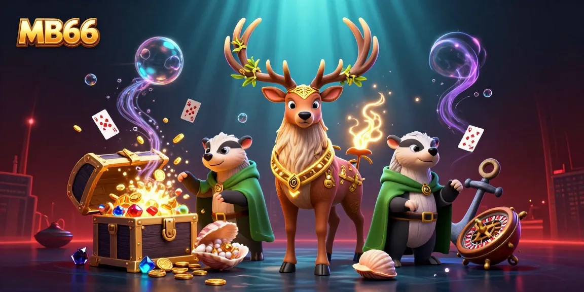 Experience thrilling gameplay at MB66 with a captivating casino-themed illustration featuring majestic creatures and exciting game elements.
