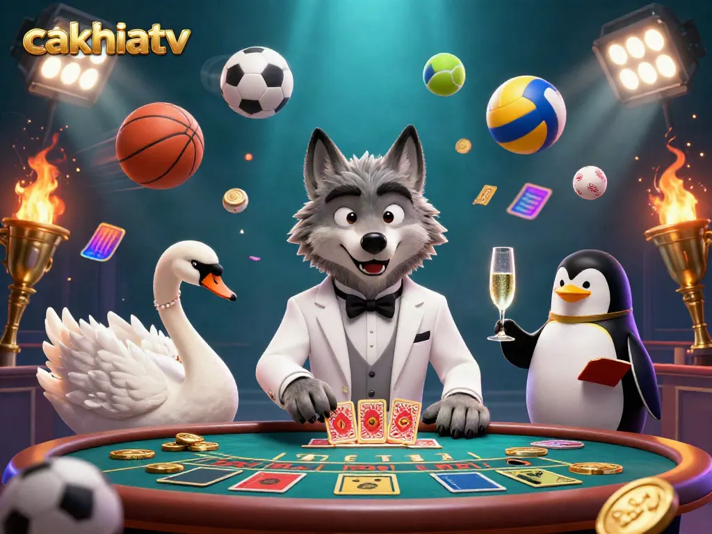 Experience the thrill of sports betting with cakhiatv in a vibrant 3D casino scene featuring unique characters.