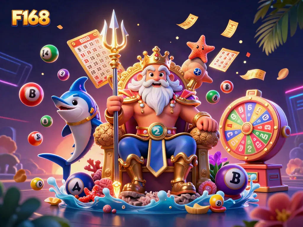 Experience thrilling F168 gaming with Neptune and friends among vibrant casino elements.