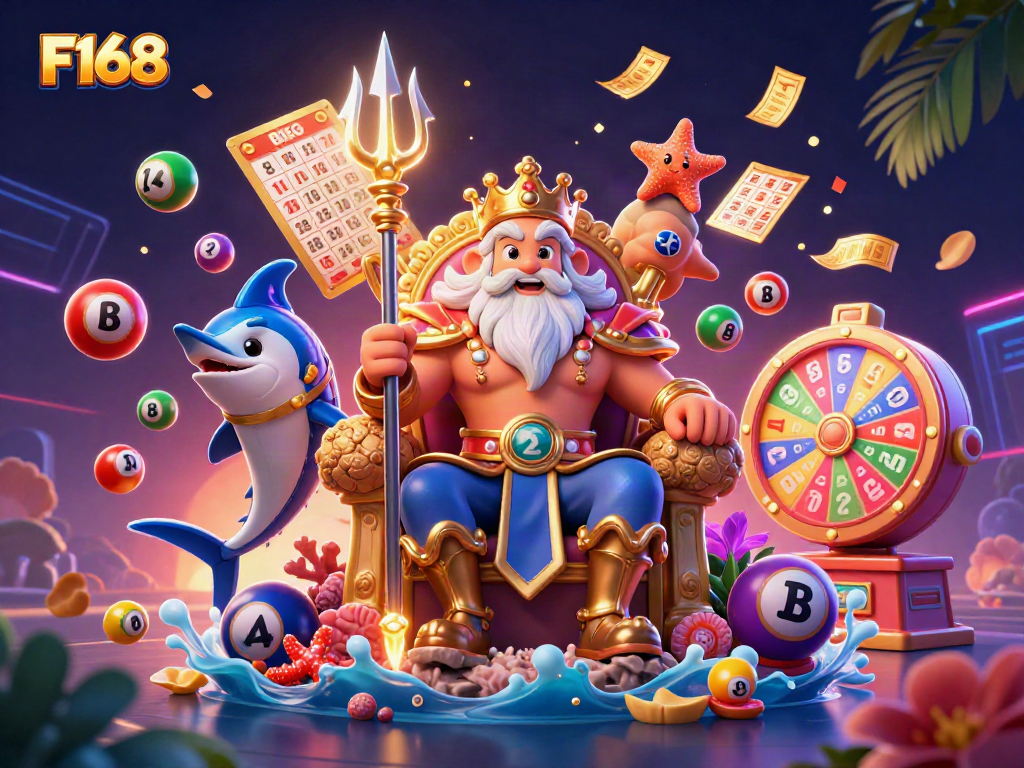 Experience thrilling F168 gaming with Neptune and friends among vibrant casino elements.