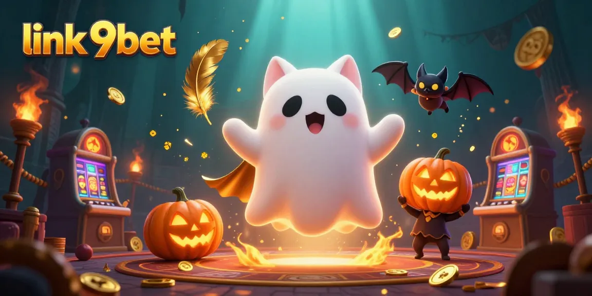Engage with link 9bet in a vivid scene featuring a friendly ghost cat and vibrant casino elements.