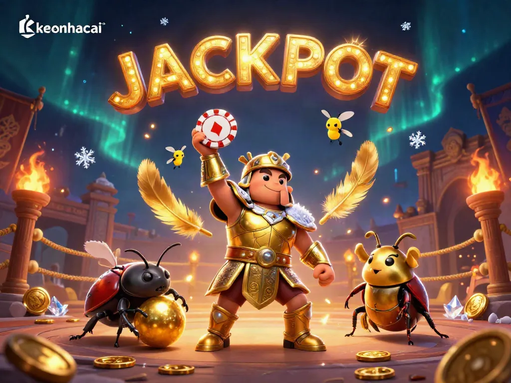 Experience keonhacai excitement with a victorious beetle lifting poker chip amidst gambling flair.