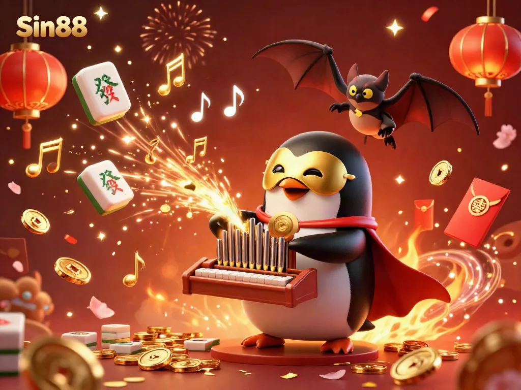 Experience winning moments at Sin88 with a dynamic illustration of a penguin playing an organ surrounded by gold coins and festive decorations.
