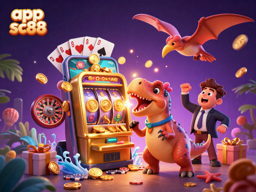 Win big with app sc88 as animated dinosaurs engage in a thrilling casino scene!