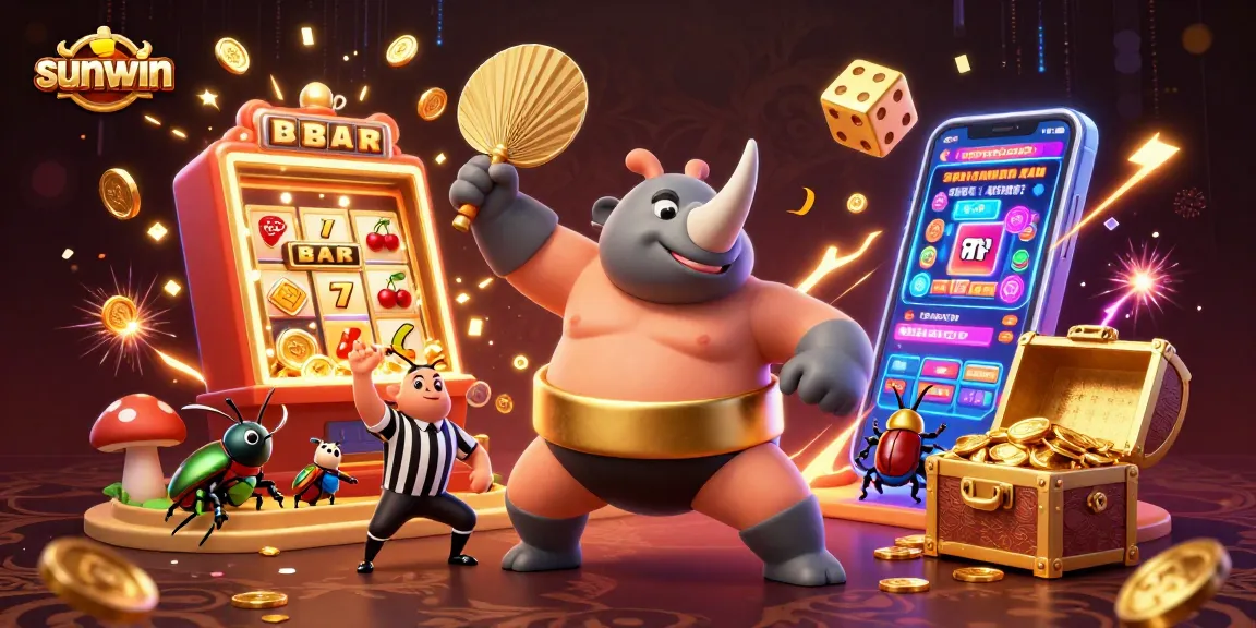 Experience thrilling wins at sunwin with a slot machine bursting coins and lively characters