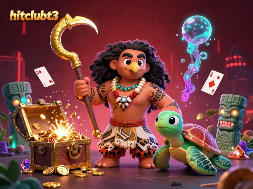Hitclubt3 showcases a dynamic underwater casino scene featuring a demigod hawk and turtle among treasure chests and floating cards.